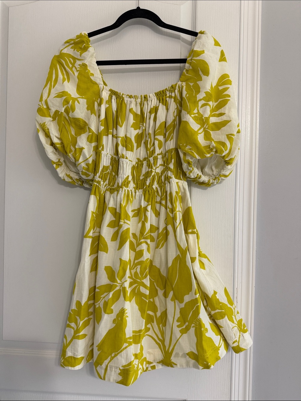 Maeve White and Chartreuse Puff-Sleeve Mini Dress